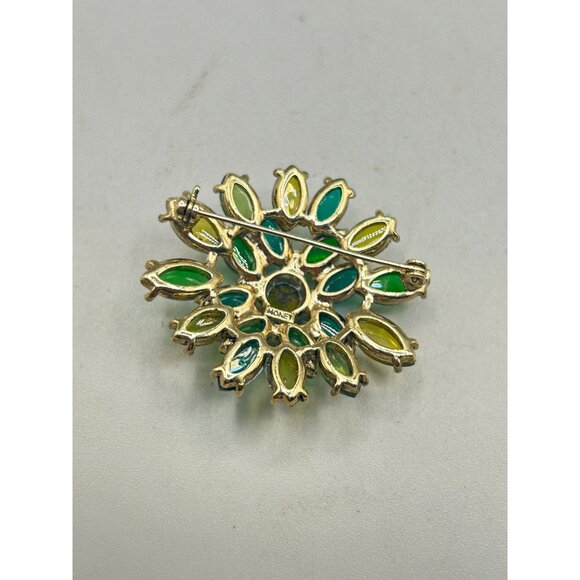 Signed MONET Green & Yellow Rhinestones Flower Acrylic Flatback Stones Gold Tone - Picture 5 of 6